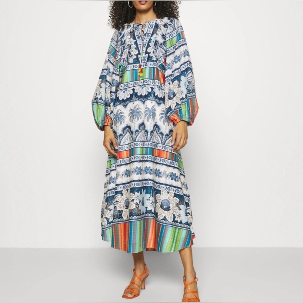 SOLD - FARM Rio Blue and Orange Patterned Midi Dress - Picture 1 of 3